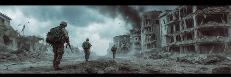 Troops walk cautiously amidst the devastation, with buildings in ruins and smoke rising from the remnants of a fierce conflict.の素材