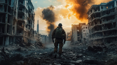 Ruined buildings dominate the landscape as a soldier stands amidst destruction, reflecting the grim aftermath of conflict.の素材