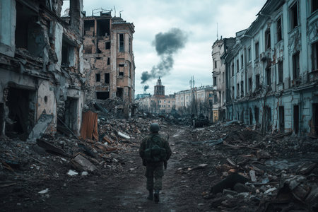 Amidst the ruins of a city, soldiers traverse the desolate streets, surrounded by destruction and the ominous plume of smoke.の素材