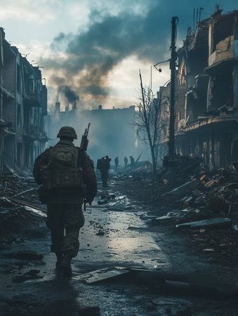 Troops navigate through the remnants of a destroyed city, highlighting the impacts of war amidst lingering smoke and wreckage.の素材