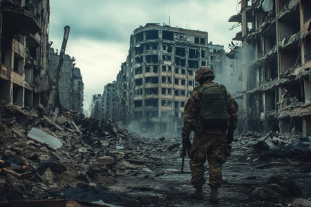 Amidst the ruble of destroyed structures, a soldier walks through desolation, symbolizing the impact of conflict on urban life.の素材