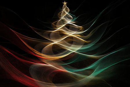 A captivating display of flowing lines forms the silhouette of a Christmas tree, radiating festive colors in an elegant design.の素材