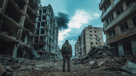 Amidst the rubble of collapsed buildings, soldiers survey the destruction that war has wrought on this once-vibrant city.の素材