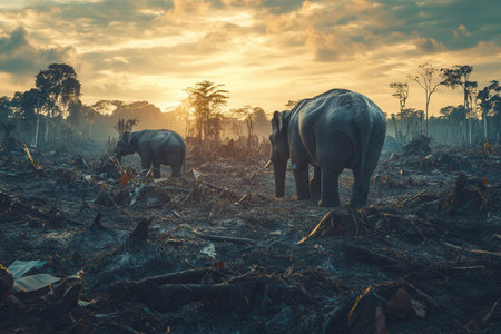 Elephants wander through a cleared landscape, highlighting the stark loss of their natural habitat at sunset.の素材
