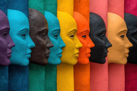 Brightly colored faces display diversity and differences while illustrating themes of separation and bias in society.の素材