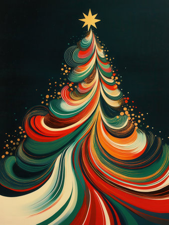 Colorful swirling lines form a unique Christmas tree silhouette, adorned with a bright star at the top, set against a dark backdrop.の素材