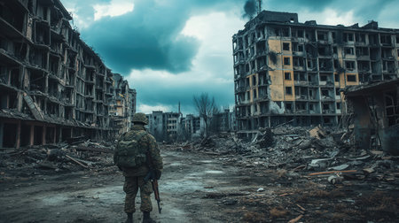 A lone soldier surveys the wreckage of a city devastated by conflict, surrounded by collapsed structures and signs of war.の素材