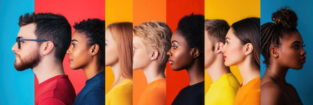 A lineup of diverse faces showcases separation by a barrier, symbolizing bias, with vibrant colors emphasizing individuality and disparity.の素材
