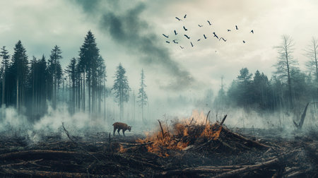 A lone animal searches for shelter amidst the devastation of deforestation, highlighting the urgent issue of species loss.の素材