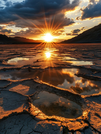 A stunning sunset casts golden rays over dry land with cracked earth and shallow water pools, highlighting the impact of climate change.の素材