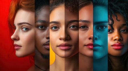 A striking representation of diverse faces divided by a line, illustrating contrasts and emphasizing the themes of bias and division.の素材