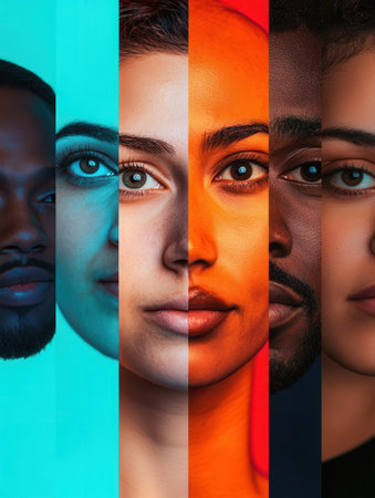 Faces of different ethnicities are divided by a bold line, showing the beauty of diversity and the impact of bias visually.の素材