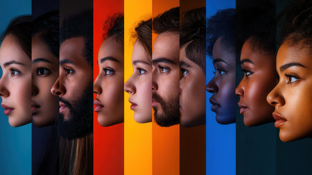 A lineup of diverse individuals showcases barriers of bias and division, emphasizing cultural differences with vibrant colors.の素材