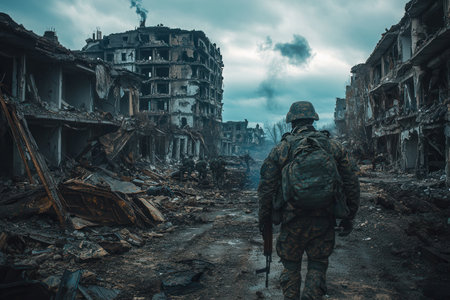 A soldier navigates through a desolate urban area, with ruined buildings and remnants of war starkly visible in the background.の素材