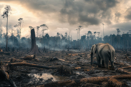 An elephant navigates a barren landscape marked by deforestation, symbolizing the loss of wildlife and endangered habitats.の素材