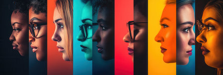 Individuals of diverse backgrounds are aligned side by side, revealing a stark barrier that symbolizes social divisions and bias.の素材