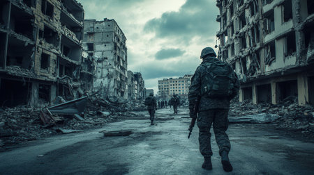 Armed soldiers navigate through the ruins of destroyed buildings in a city scarred by conflict, highlighting the aftermath of war.の素材