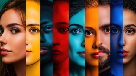 Brightly colored faces represent diversity while emphasizing barriers and biases that exist within society and cultural differences.の素材