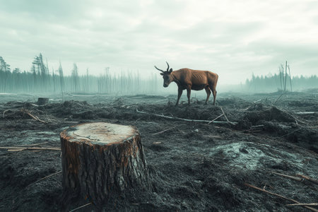 A desolate area shows the effects of deforestation, with rare animals struggling for survival amidst disappearing trees.の素材