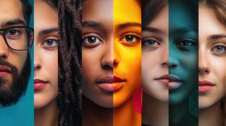 Faces depicting various ethnicities are separated by a line, emphasizing the contrast and themes of diversity and bias in society.の素材