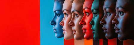 A lineup of diverse faces demonstrates the contrast between colorful barriers, highlighting differences and societal divisions.の素材