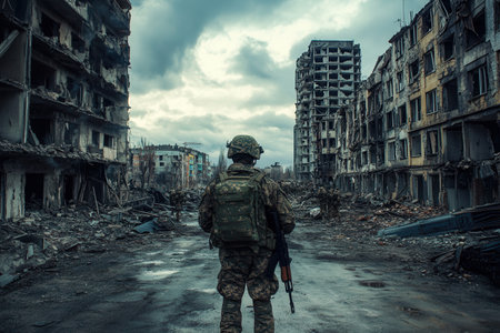 A soldier surveys the desolation of ruined buildings, embodying the resilience and sorrow of urban warfare in a devastated landscape.の素材