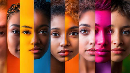 Brightly colored faces separated by a line showcase diversity and highlight themes of division, bias, and individual differences.の素材