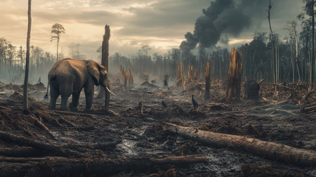 Amidst a ravaged forest, an elephant stands alone, surrounded by smoke and fallen trees, symbolizing the impact of deforestation.の素材