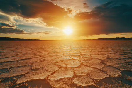 The blazing sun illuminates arid land, highlighting the stark effects of climate change and melting glaciers in the Arctic.の素材