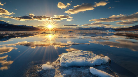 Arctic glaciers melt and reflect the brilliance of the sun over a vast, dry landscape, highlighting the impact of global warming.の素材