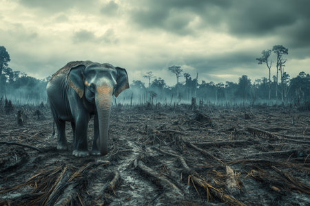 An elephant stands alone in a barren area impacted by deforestation, highlighting the urgency of protecting endangered species.の素材