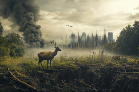 Rising smoke fills the air while rare animals stand amid the devastation of their natural habitat, highlighting a critical loss.の素材