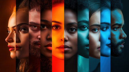 Brightly lit faces express the theme of division and bias, highlighting the beauty of diversity and individuality among individuals.の素材