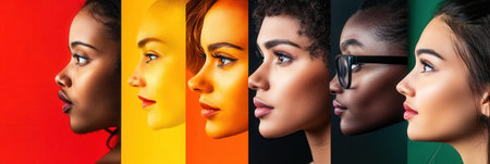 A striking display of diverse faces, separated by a line that symbolizes division and highlights differences and biases among people.の素材