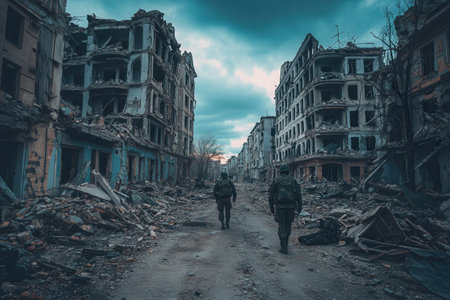 Two soldiers navigate a ruined urban landscape marked by extensive destruction and abandoned structures at dusk.の素材