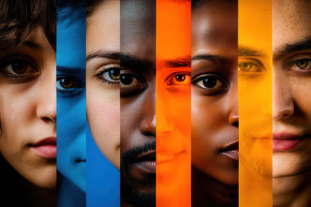 Faces of different backgrounds are separated by color barriers, illustrating themes of division and celebrating diversity in bright contrasts.の素材