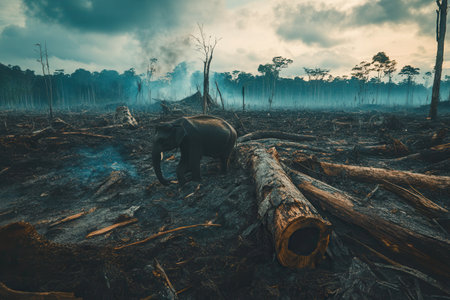 An elephant roams through a barren landscape marked by deforestation and fading biodiversity, highlighting the urgency of conservation efforts.の素材