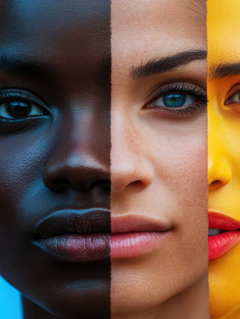 Diverse faces are juxtaposed against a barrier, emphasizing the beauty and complexity of human differences and the need for understanding.の素材