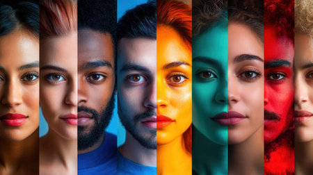 Faces of diverse individuals are separated by a line, showing vivid colors that emphasize cultural differences and social barriers.の素材