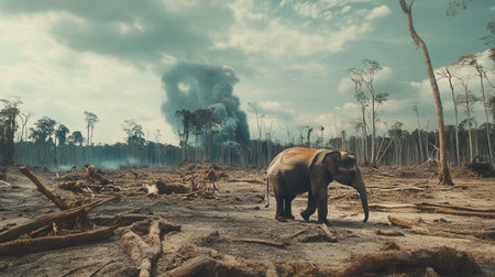 An elephant walks through a barren, deforested area, highlighting the urgent issue of habitat destruction and species endangerment.の素材