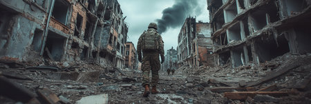 Amid the destruction of shattered buildings, soldiers traverse a desolate city, grappling with the aftermath of warfare.の素材