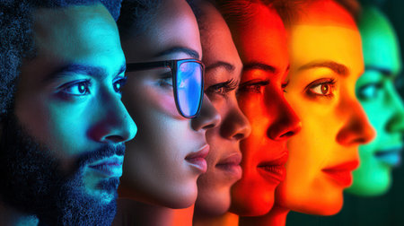 Faces of diverse individuals display the themes of division and bias, highlighted by vivid colors and strong contrasts.の素材