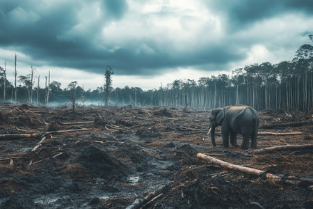 A solitary elephant navigates a barren landscape marked by deforestation, emblematic of species loss and environmental crisis.の素材