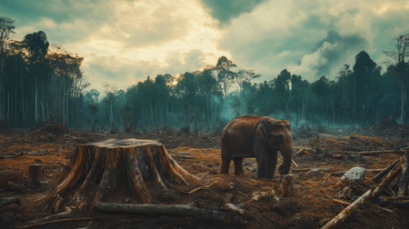 Elephants wander through a barren area filled with tree stumps, revealing the devastating impacts of deforestation on wildlife.の素材