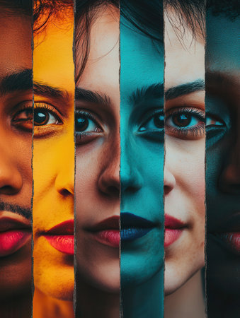 Brightly illuminated faces showcase diversity, separated by a line that symbolizes bias, emphasizing individuality and unity.の素材