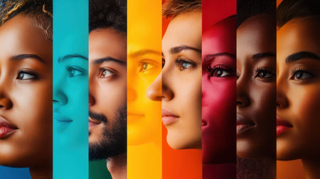 Brightly colored faces showcase diversity and the impact of division, emphasizing the differences that shape our communities.の素材