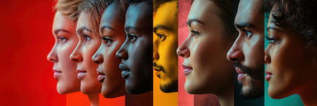 A striking visual showcases diverse faces along a barrier, emphasizing division and bias with saturated colors and contrasts in expression.の素材