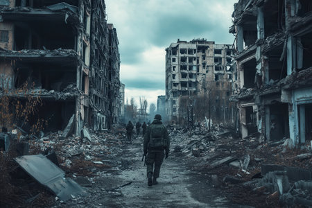 Amidst the ruins of a shattered city, soldiers navigate through the remnants of buildings, embodying the harsh realities of war.の素材