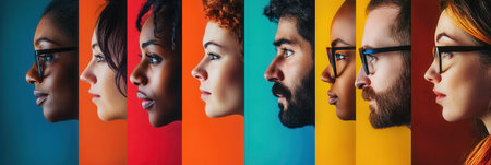 Faces of individuals from various backgrounds are separated by vibrant colors, highlighting themes of diversity, division, and bias.の素材