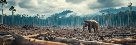 A lone elephant wanders through a barren landscape marked by deforestation, emphasizing the urgent need to protect endangered species.の素材